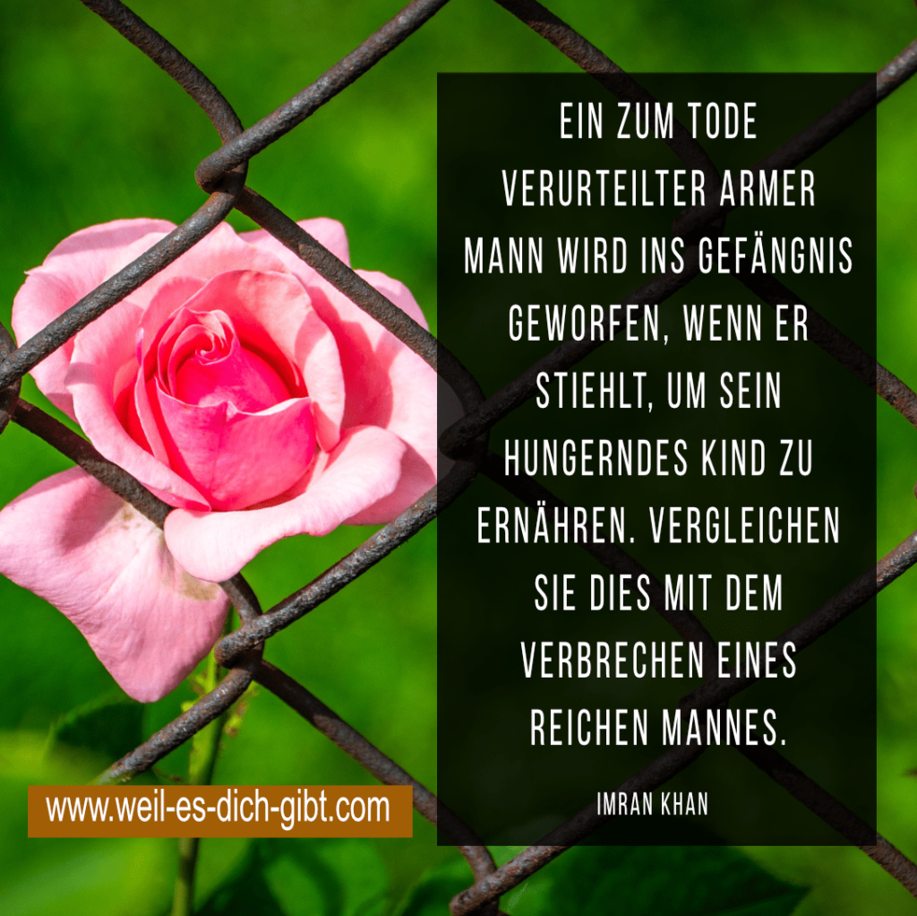 „Ein zum Tode verurteilter armer Mann wird ins Gefängnis geworfen, wenn er stiehlt, um sein hungerndes Kind zu ernähren. Vergleichen Sie dies mit dem Verbrechen eines reichen Mannes.“ – Imran Khan über Gerechtigkeit und soziale Ungleichheit 5 imran khan sprueche deutsch gefaengnis min
